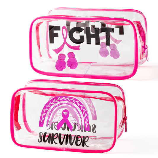 DDhoutiun 2Pcs Breast Cancer Awareness Clear PVC Makeup Bag Pink Ribbon Fight Breast Cancer Survival Kit Cosmetic Bag Portable Waterproof Toiletry Bag Cancer Warrior Survivor Gifts for Women Lady