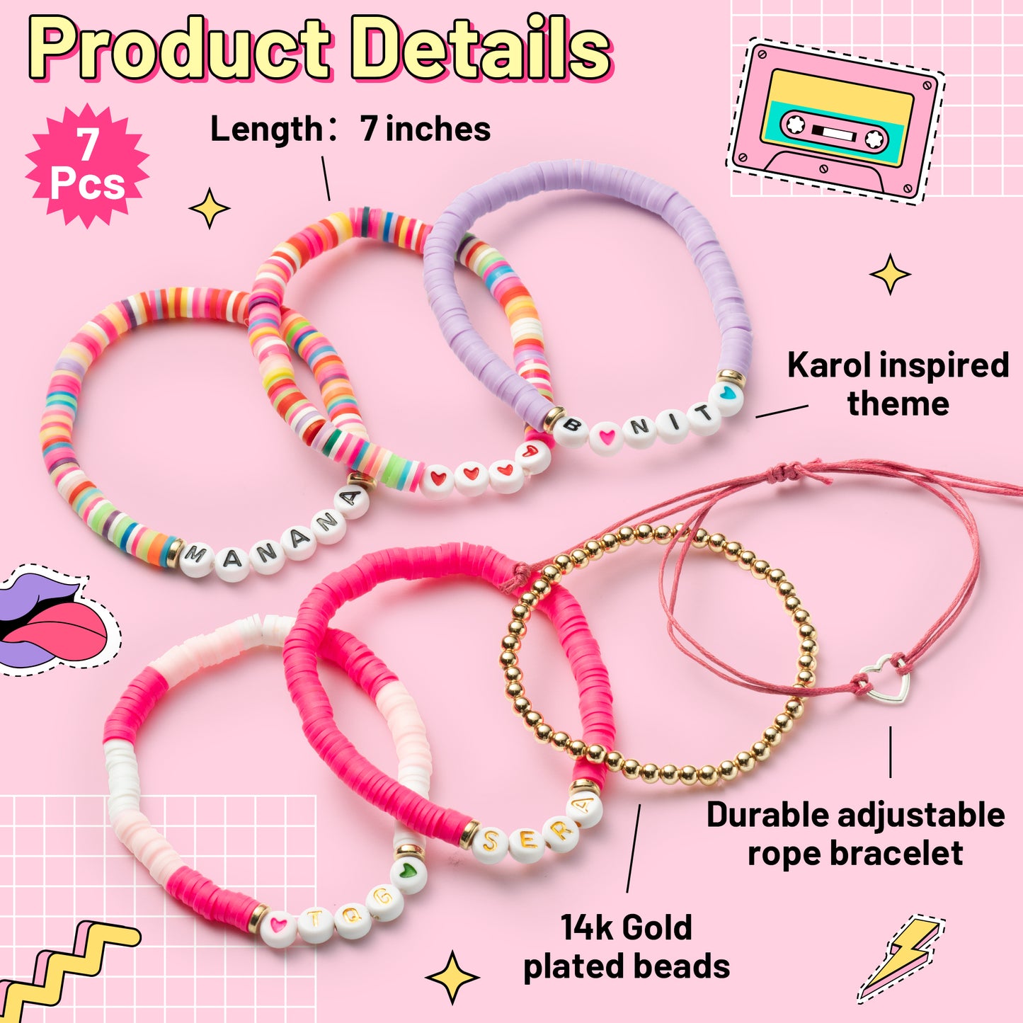 DDhoutiun 7Pcs Karol Bracelet Set Manana Sera Bonito Bichota Season Singer Album Inspired Bracelet Clay Bead Stretch Layering Friendship Bracelets Karol Concert Merch Jewelry Gift for Women Fans Girl