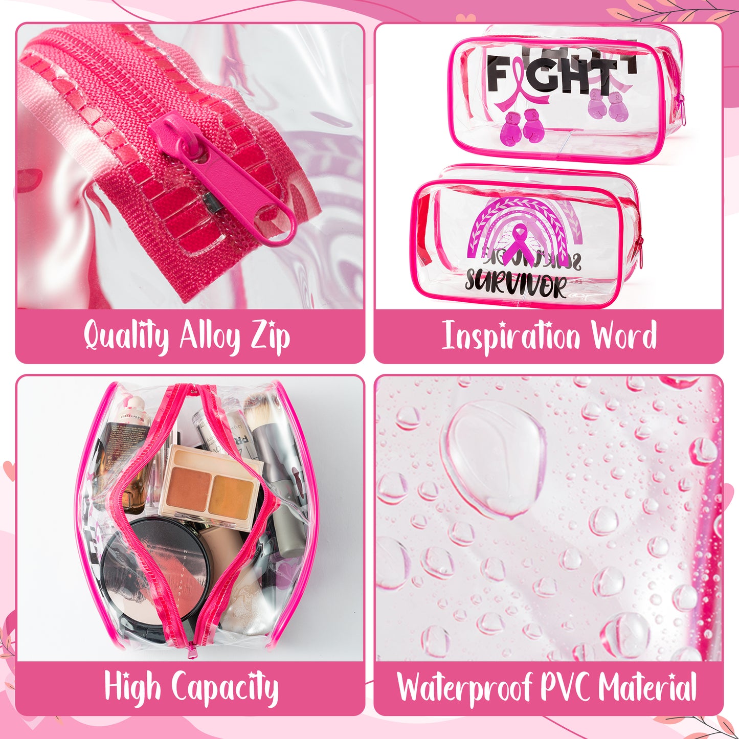 DDhoutiun 2Pcs Breast Cancer Awareness Clear PVC Makeup Bag Pink Ribbon Fight Breast Cancer Survival Kit Cosmetic Bag Portable Waterproof Toiletry Bag Cancer Warrior Survivor Gifts for Women Lady