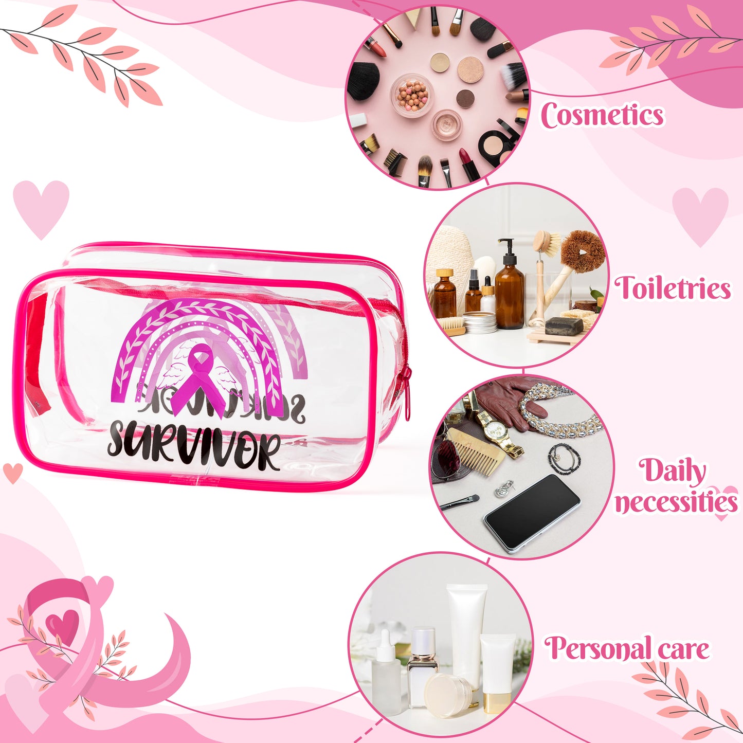 DDhoutiun 2Pcs Breast Cancer Awareness Clear PVC Makeup Bag Pink Ribbon Fight Breast Cancer Survival Kit Cosmetic Bag Portable Waterproof Toiletry Bag Cancer Warrior Survivor Gifts for Women Lady