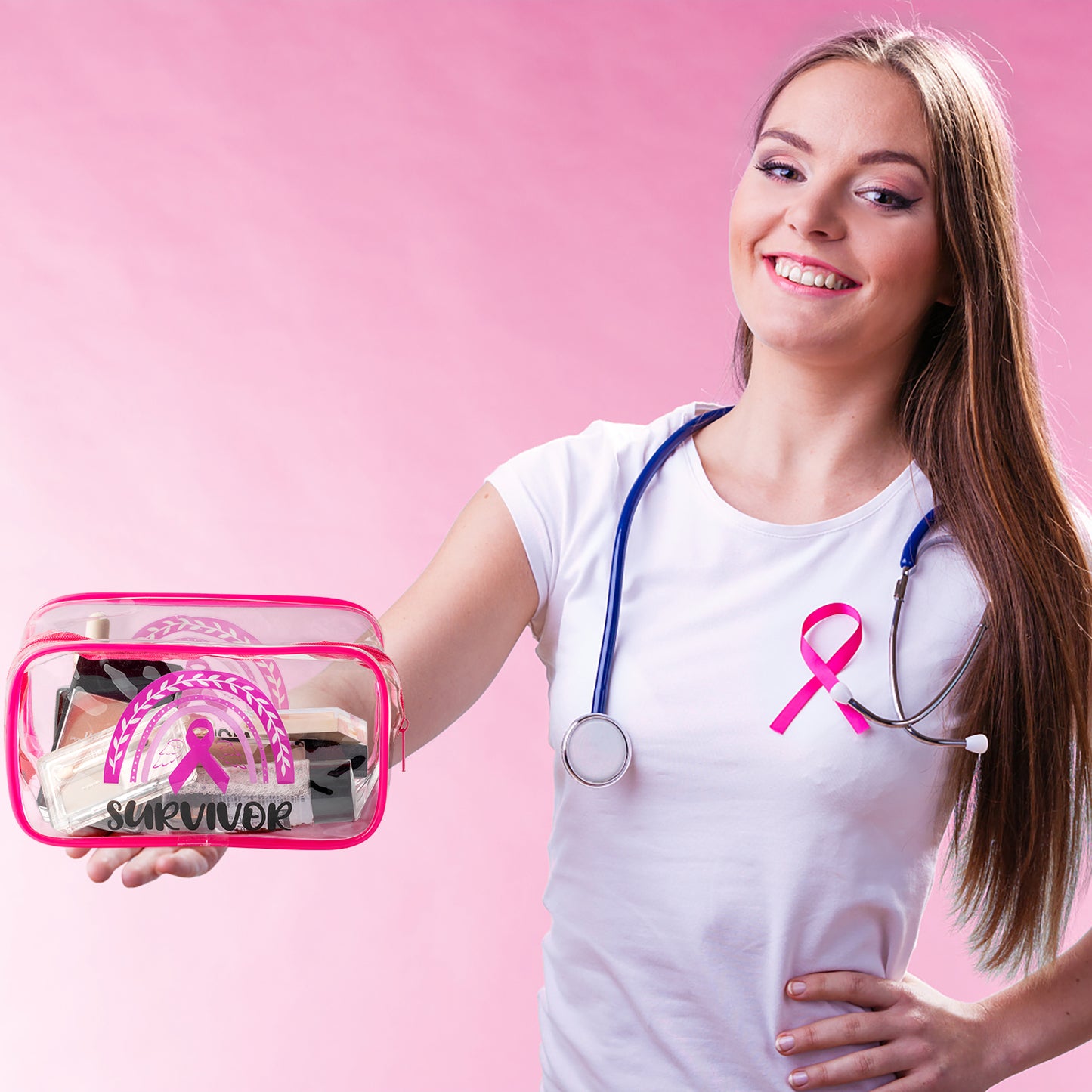 DDhoutiun 2Pcs Breast Cancer Awareness Clear PVC Makeup Bag Pink Ribbon Fight Breast Cancer Survival Kit Cosmetic Bag Portable Waterproof Toiletry Bag Cancer Warrior Survivor Gifts for Women Lady